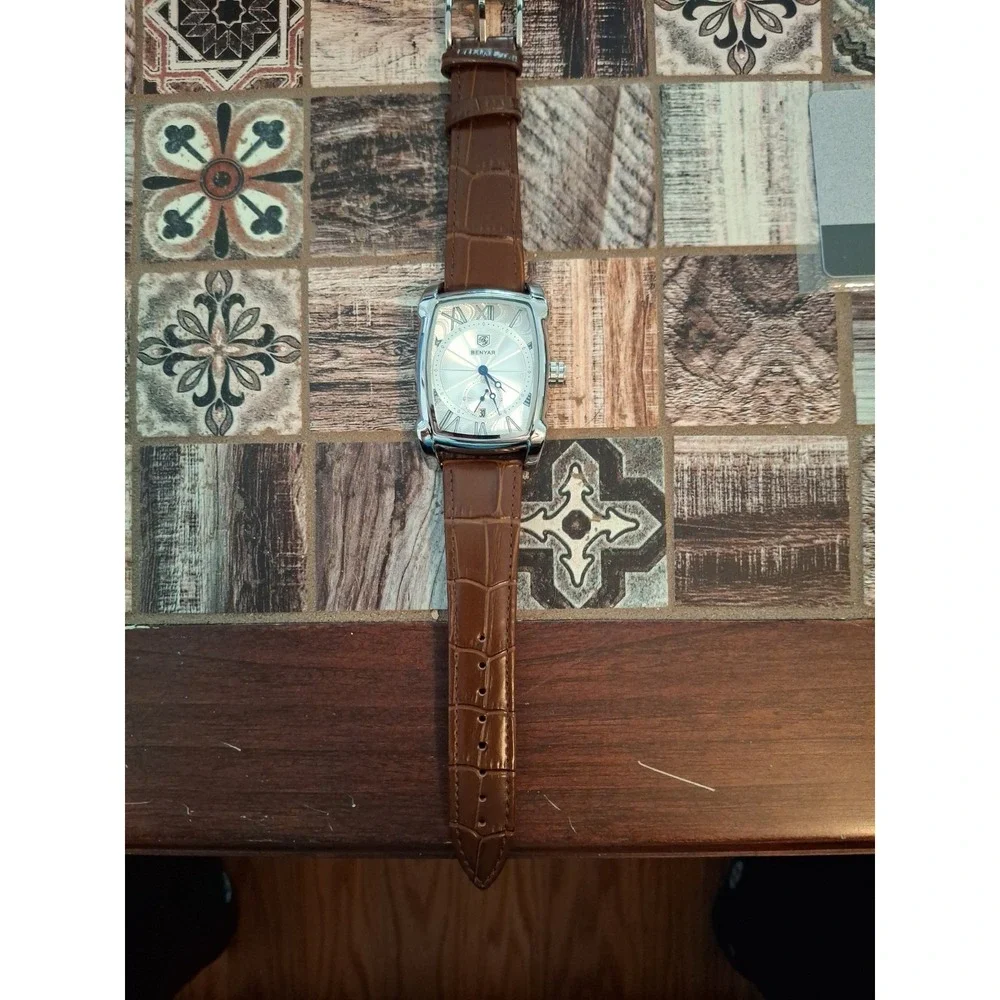 NIB BENYAR BY-5114M 41mm Mens Square Watch. Quartz Movement,Brown Leather Band.